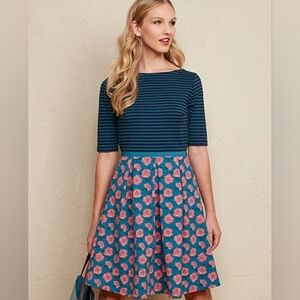 Matilda Jane Peyton Fit & Flare Stripe Floral Dress Navy Slash Pockets Sz Small